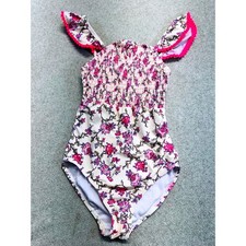 Paisley Lane Girls Size 6 One Piece Swimsuit Floral Smocked Ruffle Shoulder Pink