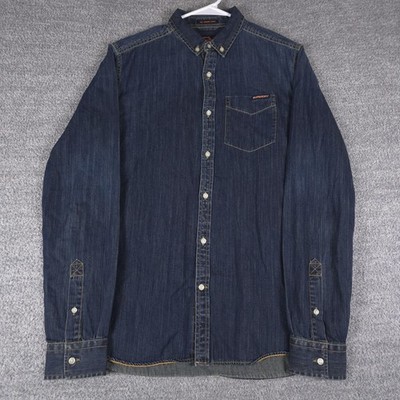 Superdry Shirt Mens Medium Blue Denim Long Sleeve Button Up Regular Fit Casual