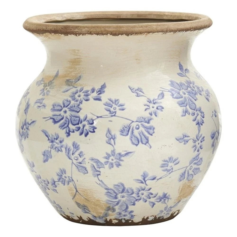 Nearly Natural 7" Tuscan Ceramic Blue Scroll Urn Vase in Blue
