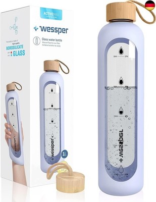 WESSPER Trinkflasche Glas 1L mit Zeitmarkierungen, BPA-frei Trinkmotivation