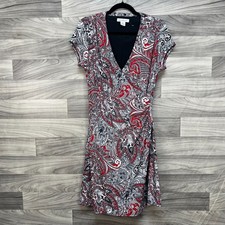 Liz Claiborne Wrap Dress Womens Medium Red White Paisley Lined Cap Sleeve Career