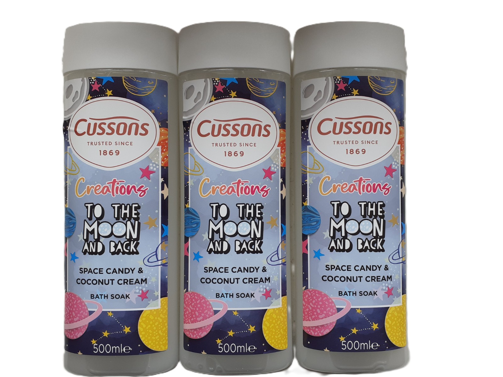CUSSONS CREATIONS TO THE MOON & BACK,SPACE CANDY & COCONUT  BATH SOAK  3x500ml