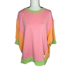 BiBi Women  s Medium NWT Color Block Raw Hem Knit Crew Neck Top Pink/Green/Orange