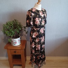 Black Long Satin Dress 12 Dusky Pink Rose Floral Tea Vintage Style Buttons