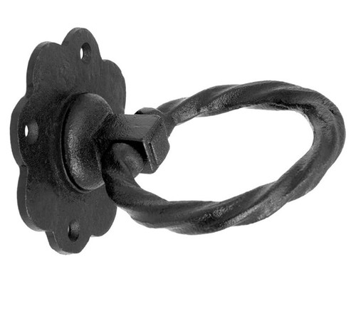 10pk Renovators Supply Black Wrought Iron Ring Cabinet Pull 4.75" Roped Flower - Picture 3 of 5