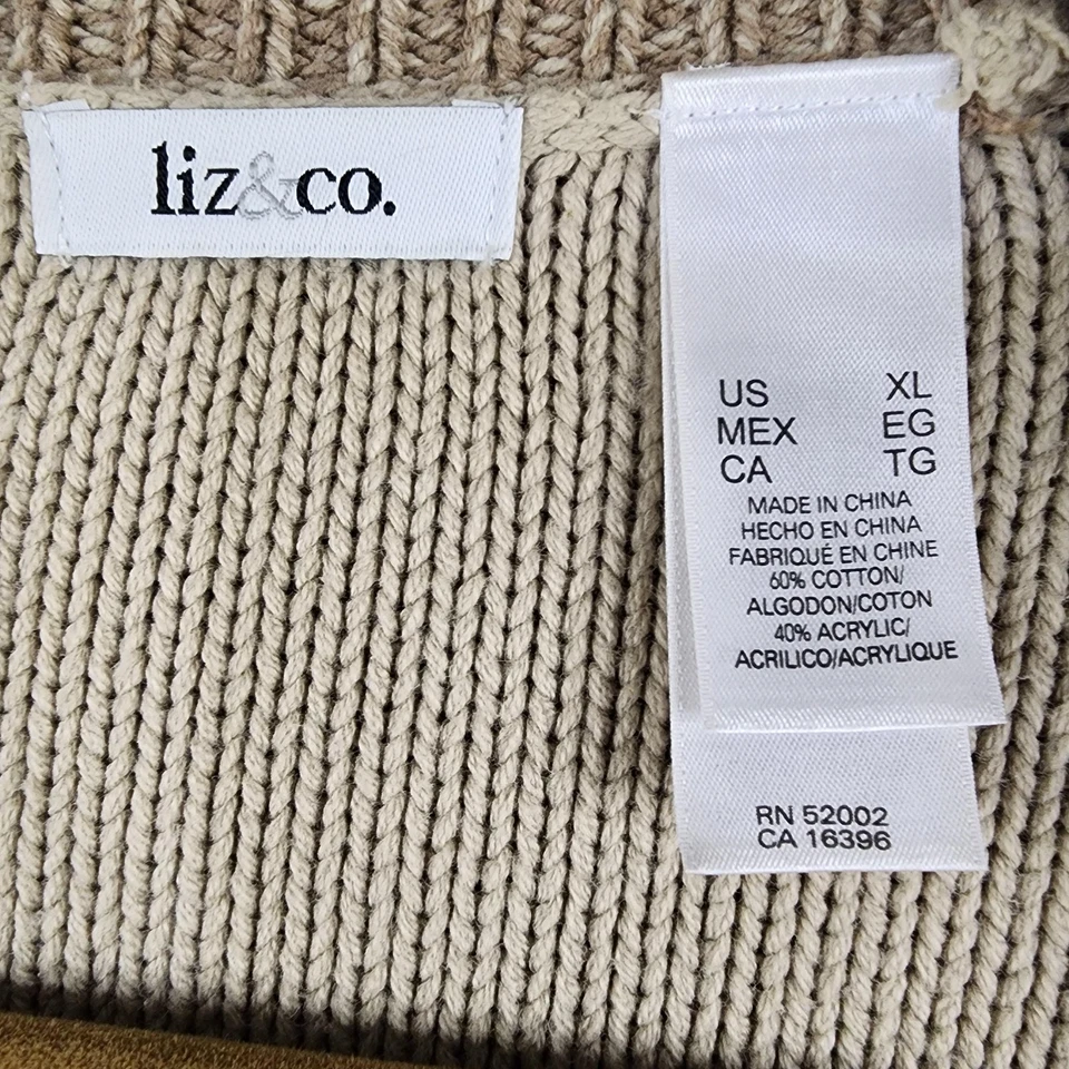Cárdigan Suéter Liz & Co. Para Mujer XL Neutro Patchwork Cable Tejido Cuello en V Botón Foto 3 de 4