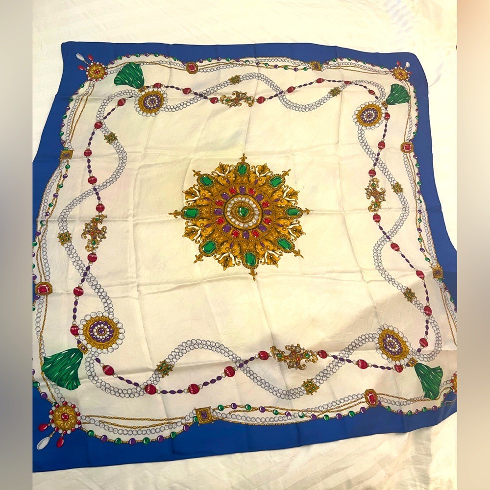 Talbots vintage silk scarf in blue, cream, and gold jeweled design, square