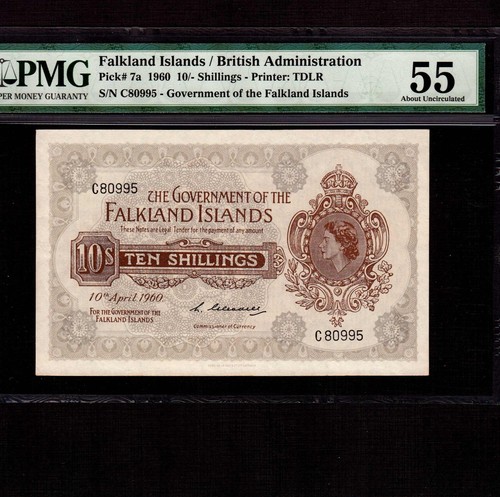 Isole Falkland 10 scellini 1960 P-7a * PMG AU 55 * Regina Elisabetta *