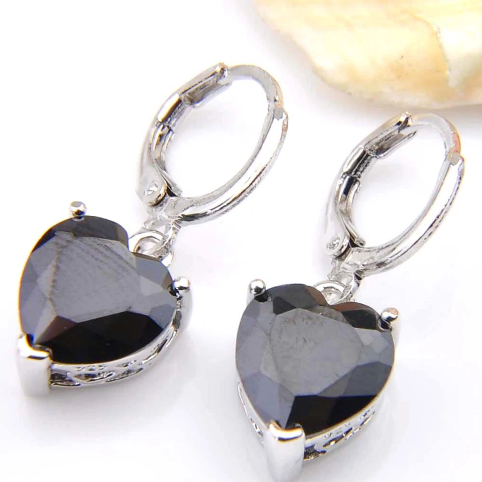 10MM Heart Shaped Natural Gemstone Black Onyx Silver Danlge Hook Earrings - Image 3 of 4
