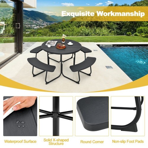 8-Person Patio Outdoor Picnic Round Table and Bench Set w/Built-in Umbrella Hole - Picture 6 of 9