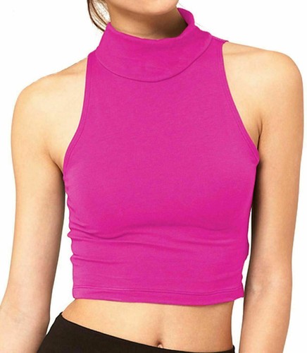 WOMEN'S LADIES SLEEVELESS POLO NECK T-SHIRT PLAIN PRINTED STRETCH CROP VEST TOP - Picture 4 of 27