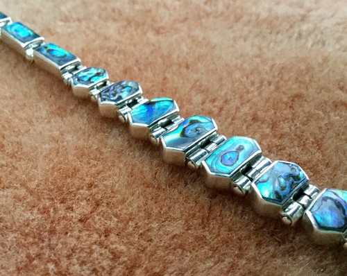 PU1003 Green-Blue Abalone Mother of Pearl Inlay Silver 950 Bracelet 22.33g - Picture 2 of 4