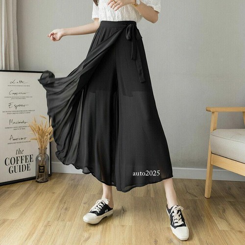 Damen Bundfaltenhose High Waist Hose weites Bein Chiffon Retro unregelmäßig schick - Bild 14 von 26