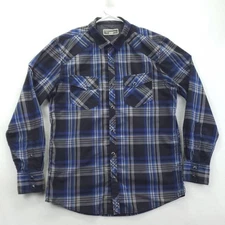 INC International Concepts Shirt Men Medium Blue Black Plaid Western Pearl Snap