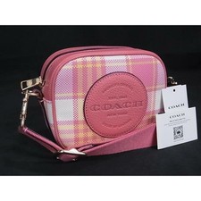 New COACH Canvas Leather Check Pattern Shoulder Bag Pouch Pink Ivory BJ9404