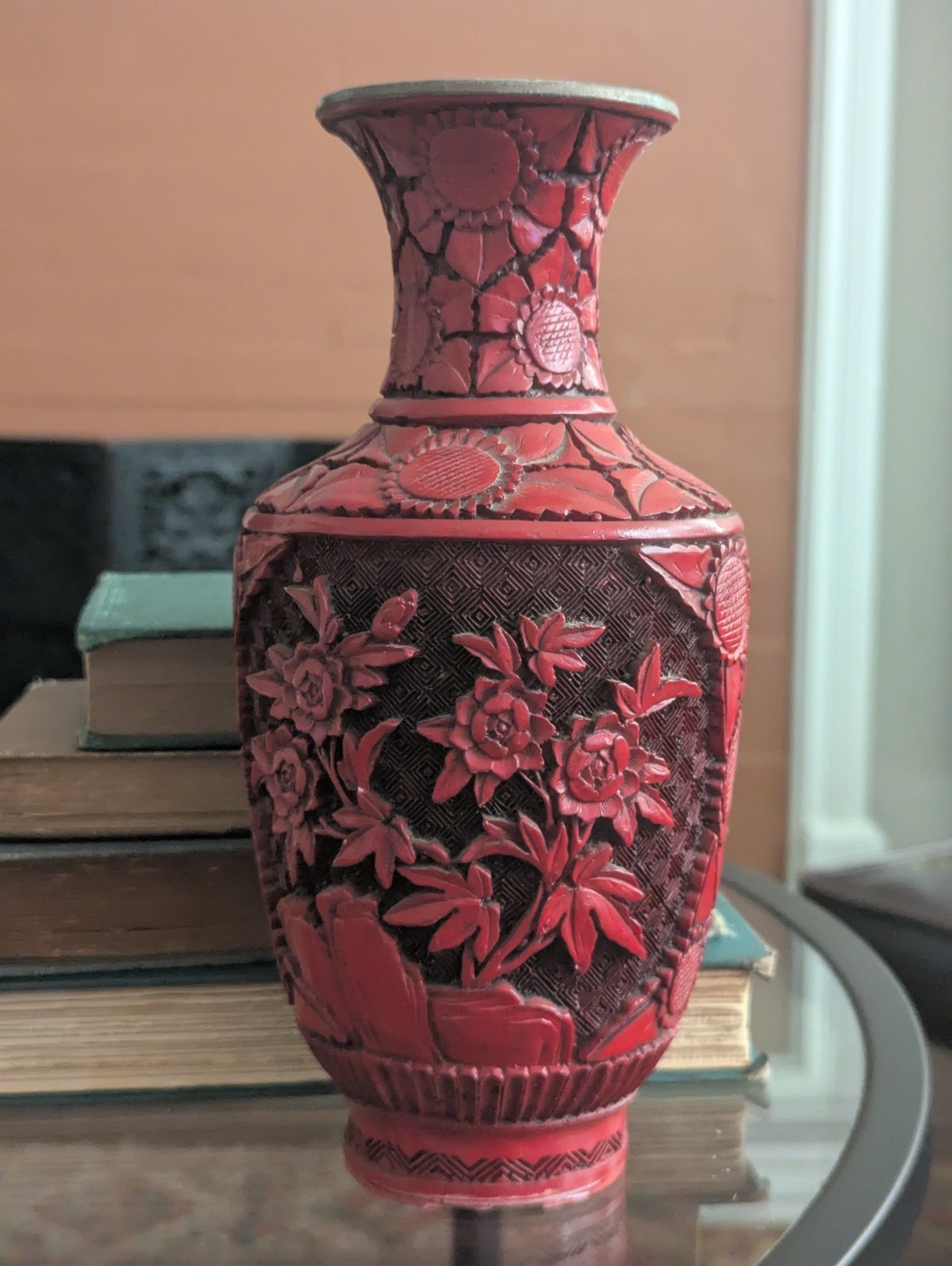 Vtg Floral Cinnabar Vase Scenic Panel Art 9 in Chinoiserie Decor Brass Interior