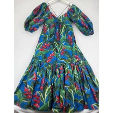 Farm Rio Tropical Floral Puff Sleeve Maxi Dress Blue Red Green Cotton Boho XS
