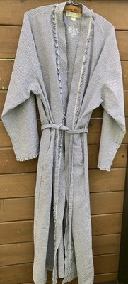 Eileen West Blue Seersucker Gingham Checked Robe Long Sleeves Long Length  XL