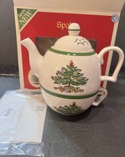 Spode CHRISTMAS TREE 3 Piece Teapot w Lid,Cup Stackable TEA for ONE, NEW in Box