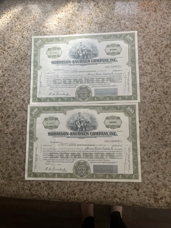 Lot Of 2 -1932- Morrison-Knudsen- Delaware Stock Certificate - Seal 1932