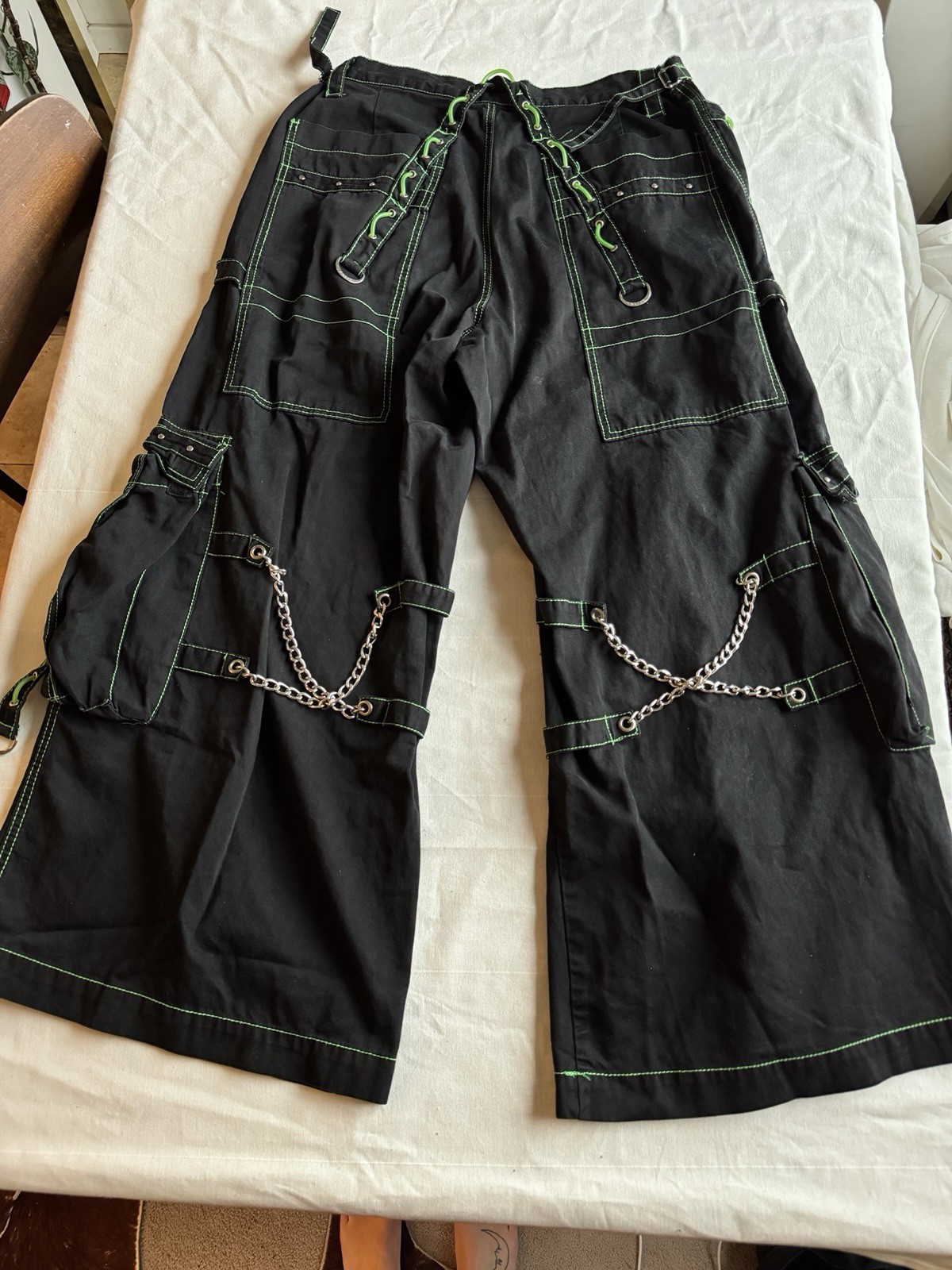 MINT CONDITION VINTAGE TRIPP NYC BLACK LIME CARGO RAVER PANTS CHAINS XL / 38” image 5