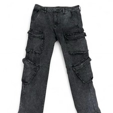 Black washed utility denim cargo jeans with multiple flap pockets