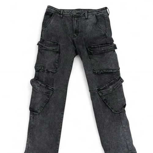 Black washed utility denim cargo jeans with multiple flap pockets