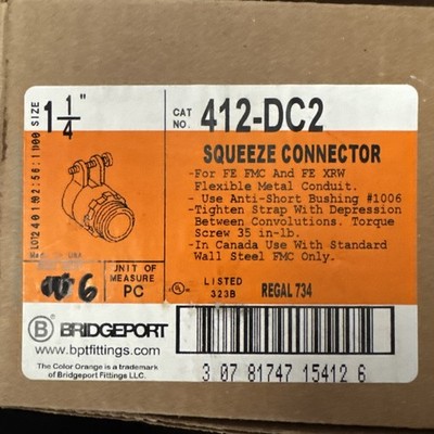 Box of 6 Bridgeport 412-DC2 1 1/4'' Squeeze Connector For FE FMC / FE XRW AK