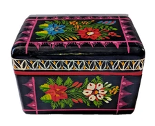 Vtg Mexican Olinala Wood Trinket Box Hand Painted Flowers Lacquer Ware Folk Art