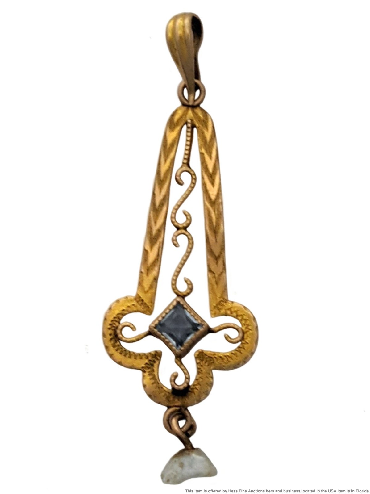Victorian Antique Solid Gold Simulated Sapphire Natural Pearl Lavalier Pendant