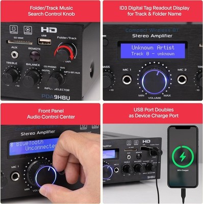 Pyle PDA9HBU Compact Wireless Bluetooth Stereo Amplifier, 200 watt - BOX DAMAGE