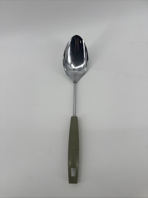 Vintage Ekco USA Solid Cooking Spoon Chromium Plated Avocado Green Handle 12in