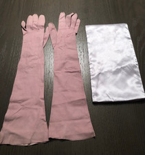 VTG 1940/50 Soft Kid Leather Long Formal Evening Opera Gloves in Satin Bag -Rose