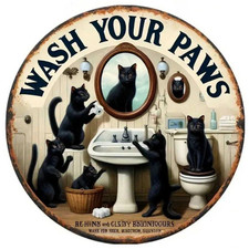 Black Cat Wash Your Paws Funny Metal Sign Approx 20cm Great Gift Etc Brand New 