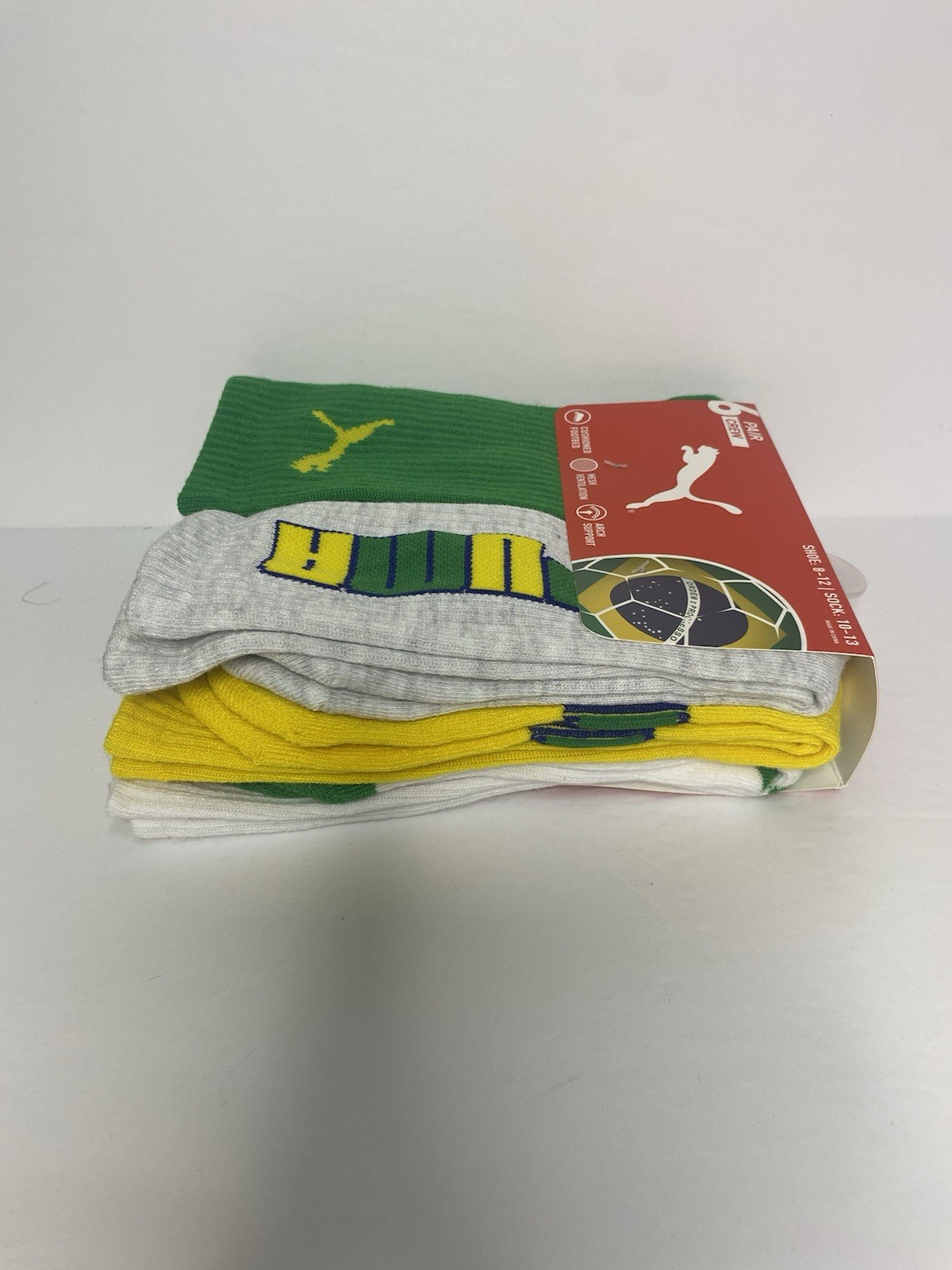 6 Pair PUMA Men's Crew Socks Brasil Soccer (Brazil) Shoe Size 8-12 NWT thumbnail 3