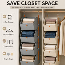 4 Tier Hanging Closet Organizer Shelves Storage Bins Space Saving Clothes US