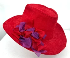 Red Hat Society Womens Fedora Hat One Size Red Velvet Wool Purple Ribbon Accents