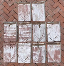 Lot of (10) RARE Antique VTG Embossed Shield Metal Steel Roof Shingles 15 sq/ft