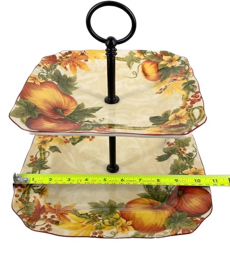 222 Fifth Pumpkin Vine Harvest 2 Tier Square Serving Tray Platter Thanksgiving - Picture 9 of 10