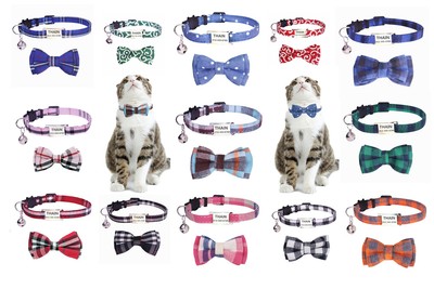 Personalized Cat Collars with Name Tag Kitten Collar with Bell and Bow Tie plaid