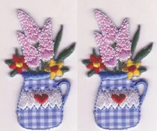 Potted Pink Heather Flower Patch Embroidered Cut out Iron on Sew on Lot of 2