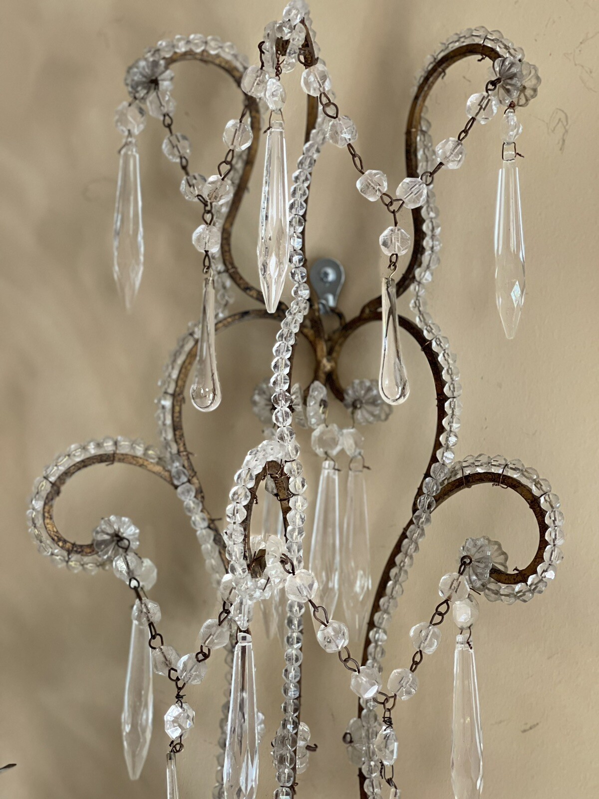 Antique PAIR French Crystal Macaroni Beaded Candelabras Wall Sconce