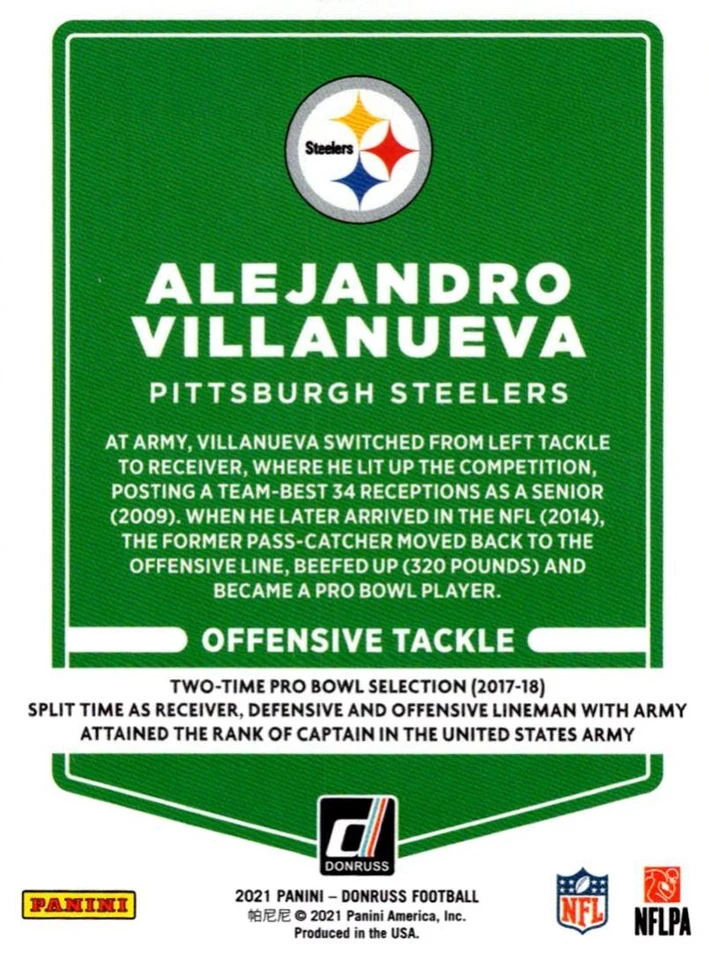 2021 Donruss Alejandro Villanueva Pittsburgh Steelers #24 - Image 2 of 2