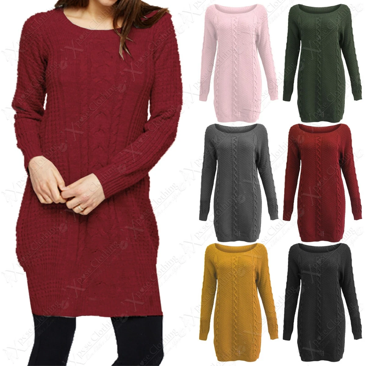 LADIES WARM WINTER LONG SLEEVE THICK CABLE KNIT LONG PATTERNED