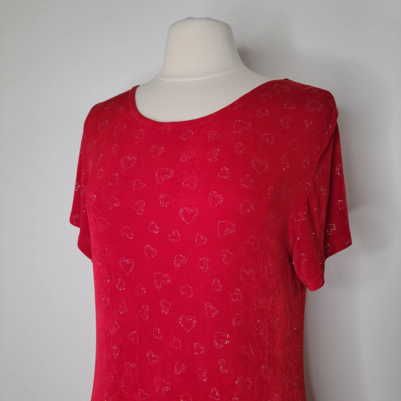 Abito Midi Vintage MOLLY MALLOY Slinky Rosso Stampa Cuore Taglia L San Valentino Scintillante