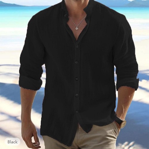 Knopfleiste Hemd Herren Langarm Baumwolle Leinen T-Shirt Freizeit Sommer Strand Style - Bild 5 von 12