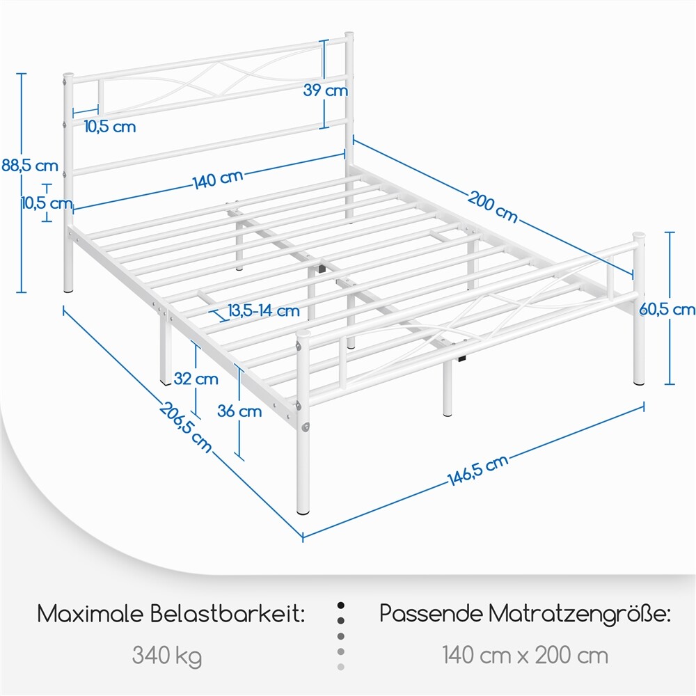 Metallbett Bettrahmen mit Kopfteil Gästebett mit Lattenrost für Schlafzimmer