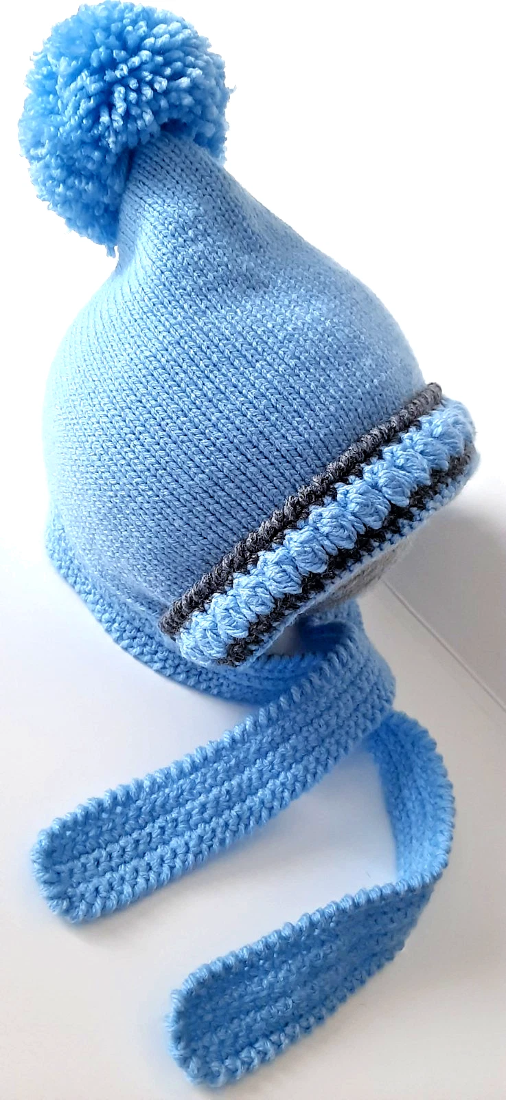 Hand Knitted Baby Bonnet 0-3Months Up to 36 Months Blue Pom Pom Hat With Straps