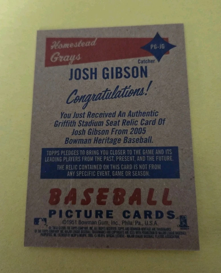 2005 Bowman Heritage Pieces of Greatness JOSH GIBSON Griffith Seat Relic (PG-JG) - Image 2 of 2