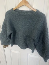 Sundays Women's Zero Green Mohair  Cropped Wool Pullover Sweater Balloon Slv